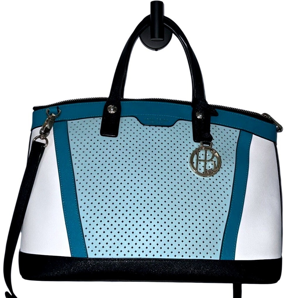 Henri Bendel Satchel Teal White Black Perforated Saffiano Bag No Shoulder Strap